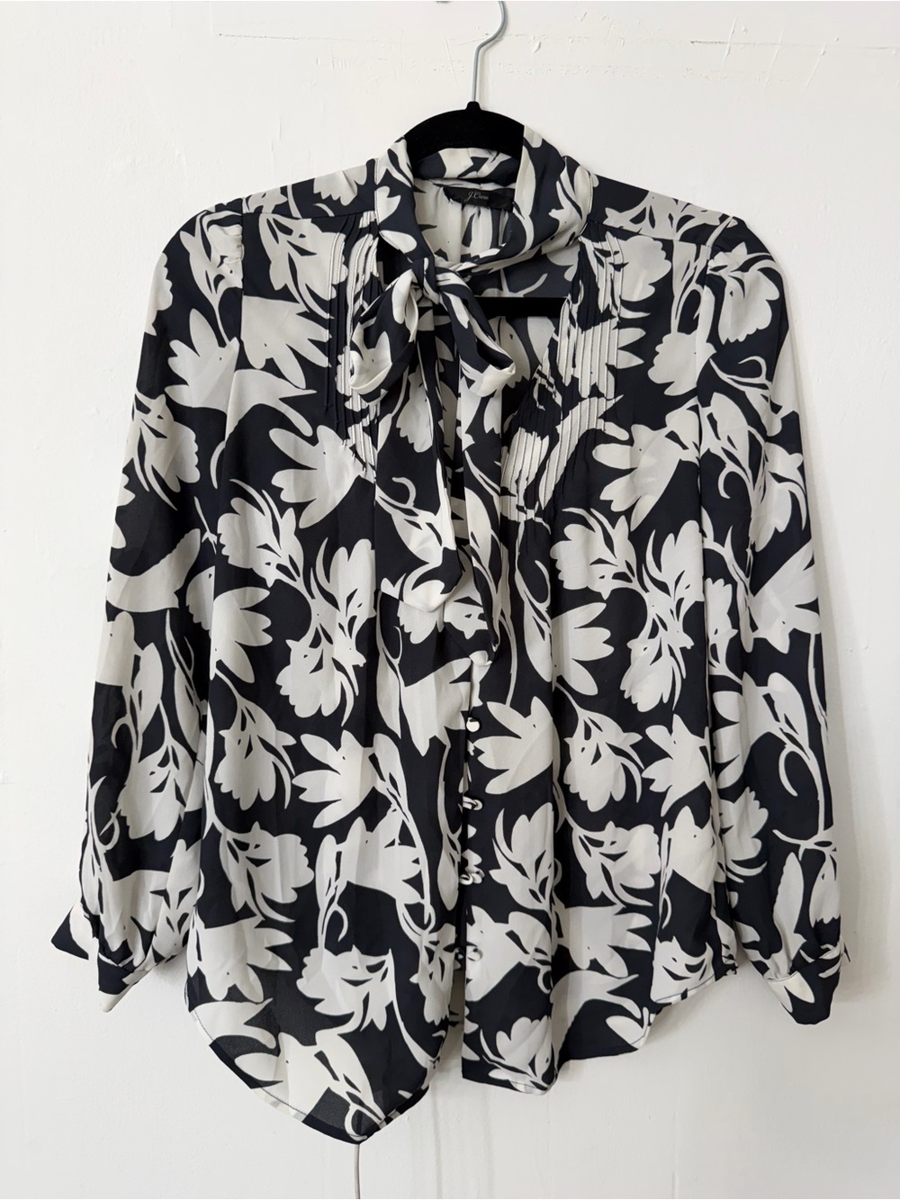J. Crew Black and White Floral Tie-Neck Blouse